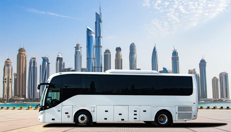 Luxury tour bus in Dubai with city skyline in the background Luxury tour bus in Dubai with city skyline in the background