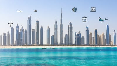 Dubai skyline with travel icons Dubai skyline with travel icons